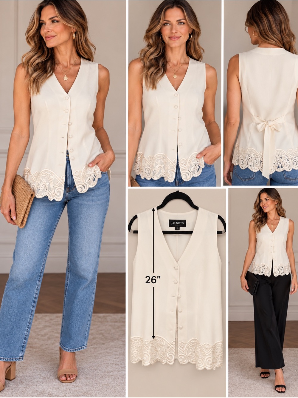Vintage J.R. Nites Vest in Soft White. Detail on bottom and back tie. Size 3/4